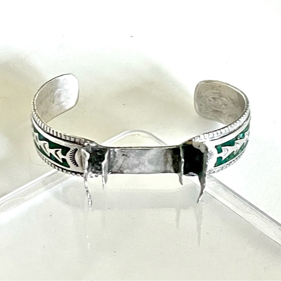 SALE Signed-Gibson Gene Navajo Vntg Crushed Turquoise Inlay Sterling Watch Cuff - Picture 3 of 8